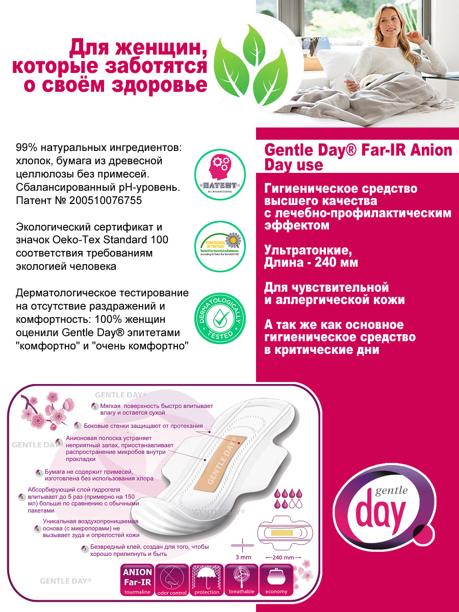  Дневные Экологически чистые женские гигиенические анионовые прокладки Gentle Day® Far-IR Anion Day use - для критических дней 